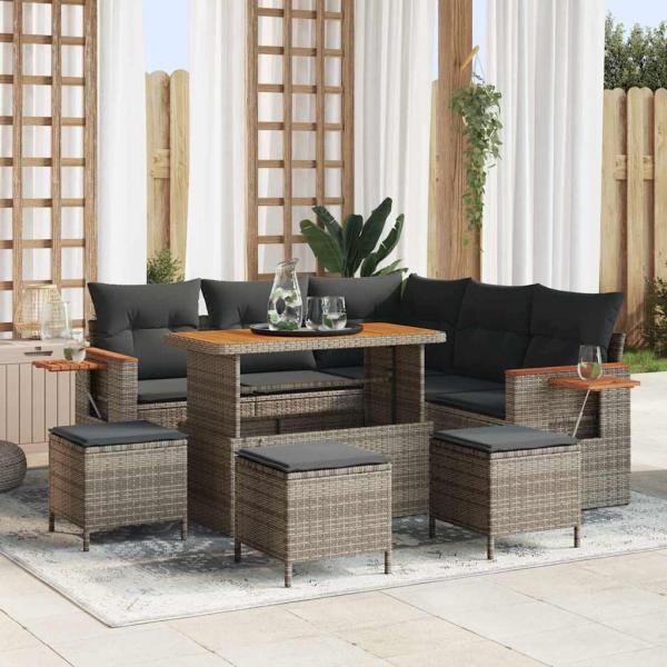 ARDEBO.de - 9-teiliges Garten Sofa Set mit Kissen Grau Poly Rattan Akazie, 4-teiliges Garten Esszimmer Set mit Kissen Grau Poly Rattan Akazie
