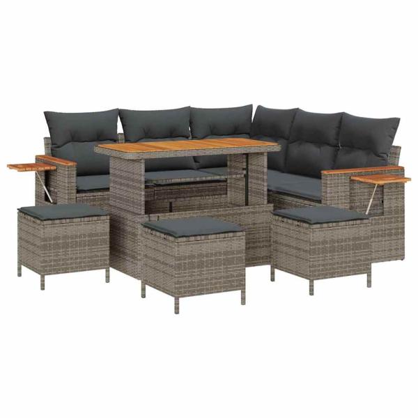 9-teiliges Garten Sofa Set mit Kissen Grau Poly Rattan Akazie, 4-teiliges Garten Esszimmer Set mit Kissen Grau Poly Rattan Akazie