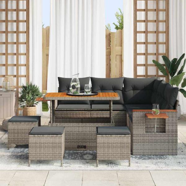 9-teiliges Garten Sofa Set mit Kissen Grau Poly Rattan Akazie, 4-teiliges Garten Esszimmer Set mit Kissen Grau Poly Rattan Akazie
