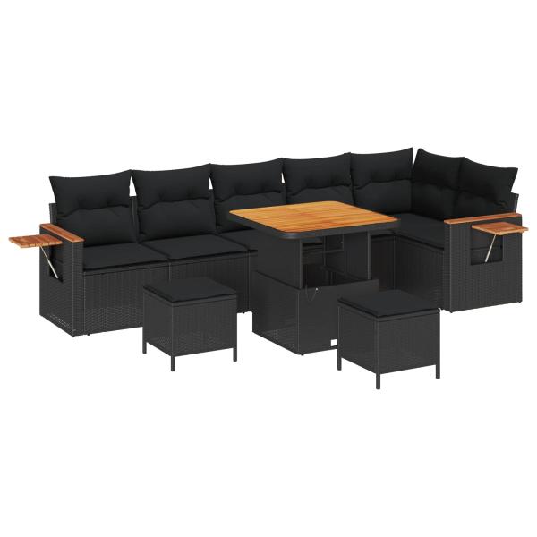 ARDEBO.de - 9-teiliges Garten-Sofa-Set mit Kissen Schwarz Poly-Rattan Akazie, 3-teiliges Garten-Ess-Set mit Kissen Schwarz Poly-Rattan Akazie
