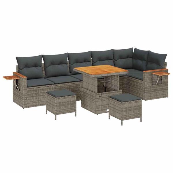 ARDEBO.de - 9-teiliges Garten-Sofa-Set mit Kissen Grau Poly-Rattan Akazie, 3-teiliges Garten-Dining-Set mit Kissen Grau Poly-Rattan Akazie