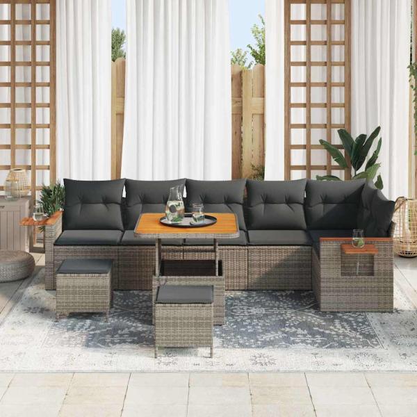 9-teiliges Garten-Sofa-Set mit Kissen Grau Poly-Rattan Akazie, 3-teiliges Garten-Dining-Set mit Kissen Grau Poly-Rattan Akazie