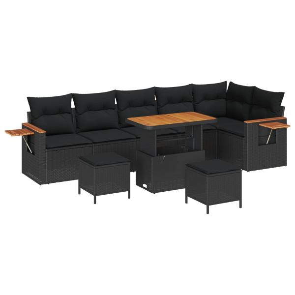 ARDEBO.de - 9-teiliges Garten Sofa Set mit Kissen Schwarz Poly Rattan Akazie, 3-teilige Garten Essgruppe mit Kissen Schwarz Poly Rattan Akazie