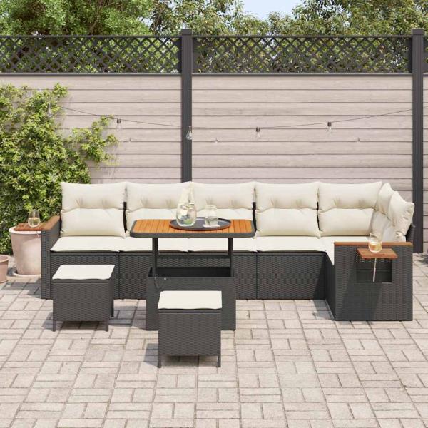 9-teiliges Garten Sofa Set mit Kissen Schwarz Poly Rattan Akazie, 3-teiliges Garten Ess-Set mit Kissen Schwarz Poly Rattan Akazie