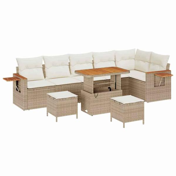9-teilige Garten Sofa Set mit Kissen Beige Poly Rattan Akazie, 3-teiliges Garten Esszimmer Set mit Kissen Beige Poly Rattan Akazie
