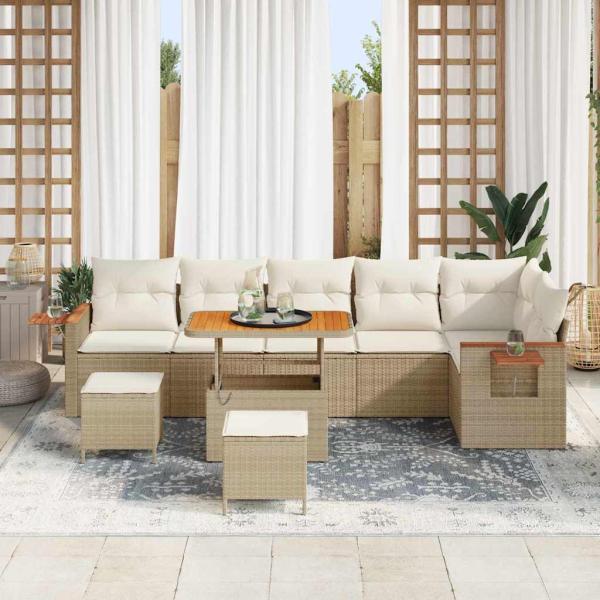 9-teilige Garten Sofa Set mit Kissen Beige Poly Rattan Akazie, 3-teiliges Garten Esszimmer Set mit Kissen Beige Poly Rattan Akazie