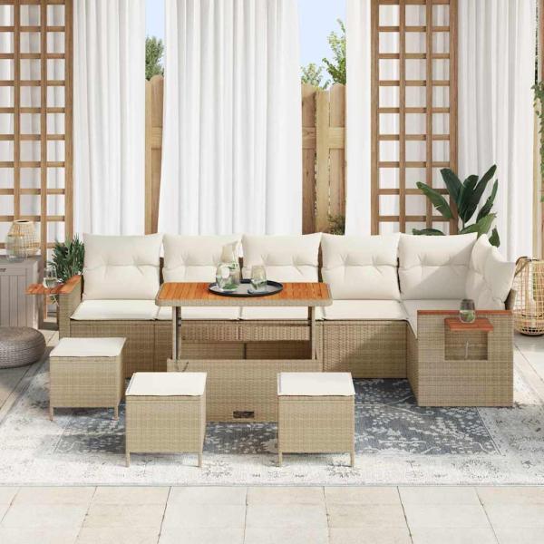 10-teiliges Garten Sofa Set mit Kissen Creme Poly Rattan Akazie, 4-teiliges Garten Esszimmer Set mit Kissen Creme Poly Rattan Akazie