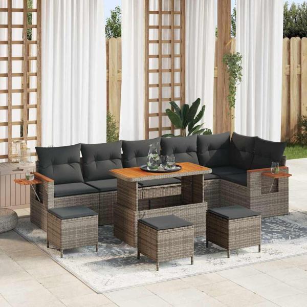 ARDEBO.de - 10-teiliges Garten Sofa Set mit Kissen Grau Poly Rattan, 4-teiliges Garten Essenset mit Kissen Grau Poly Rattan