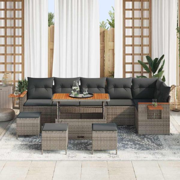 10-teiliges Garten Sofa Set mit Kissen Grau Poly Rattan, 4-teiliges Garten Essenset mit Kissen Grau Poly Rattan