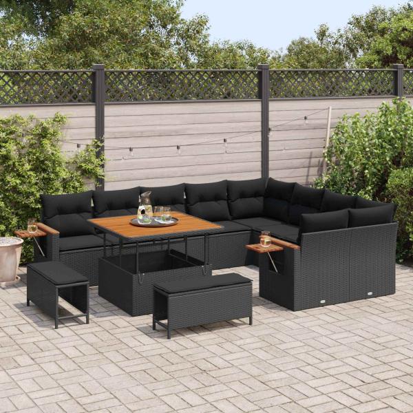 ARDEBO.de - 12-teiliges Garten-Sofa-Set mit Kissen, Schwarz, Poly-Rattan, Akazie, 3-teiliges Garten-Dining-Set mit Kissen, Schwarz, Poly-Rattan, Akazie