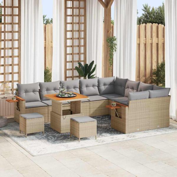 ARDEBO.de - 12-teiliges Garten Sofa Set mit Kissen Beige Poly Rattan Akazie, 3-teiliges Garten Esszimmer Set mit Kissen Beige Poly Rattan Akazie