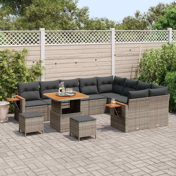 12-teiliges Garten Sofa Set mit Kissen Grau Poly Rattan Akazie, 3-teiliges Garten Eßset mit Kissen Grau Poly Rattan Akazie
