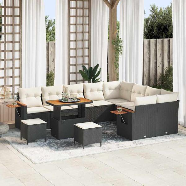 ARDEBO.de - 12-teiliges Garten-Sofa-Set mit Kissen Schwarz Poly Rattan Akazie, 3-teiliges Garten-Dining-Set mit Kissen Schwarz Poly Rattan Akazie