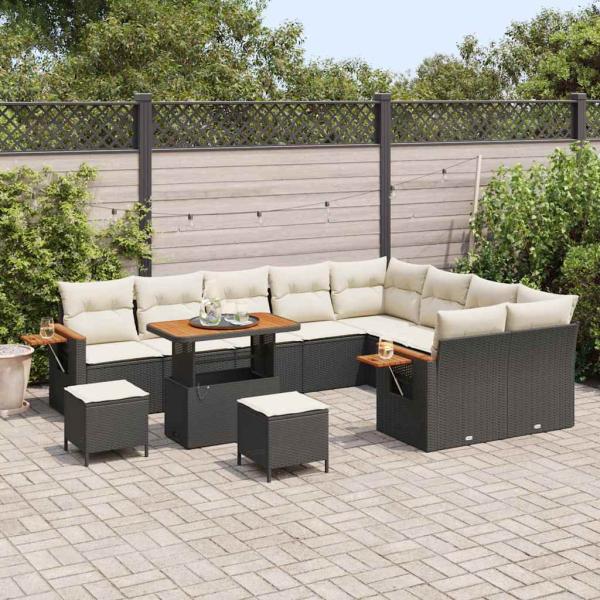 12-teiliges Garten-Sofa-Set mit Kissen Schwarz Poly Rattan Akazie, 3-teiliges Garten-Dining-Set mit Kissen Schwarz Poly Rattan Akazie