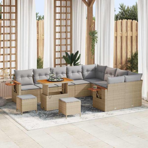 ARDEBO.de - 12 Stück Garten Sofa Set mit Kissen Beige Poly-Rattan Akazie, 3 Stück Garten Essgruppe mit Kissen Beige Poly-Rattan Akazie