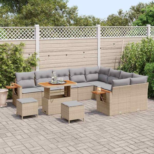 12 Stück Garten Sofa Set mit Kissen Beige Poly-Rattan Akazie, 3 Stück Garten Essgruppe mit Kissen Beige Poly-Rattan Akazie