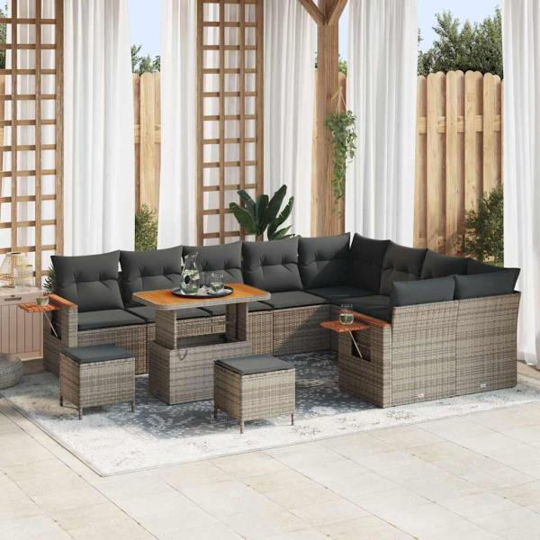 ARDEBO.de - 12-teiliges Garten-Sofaset mit Kissen Grau Poly-Rattan Akazie, 3-teiliges Garten-Ess-Set mit Kissen Grau Poly-Rattan Akazie