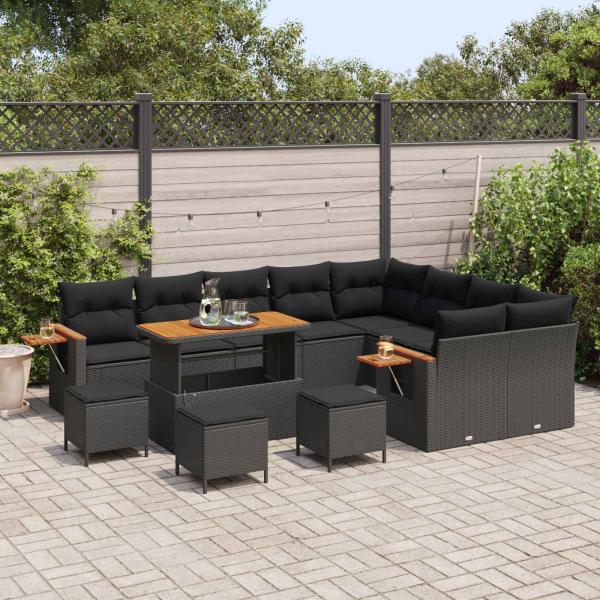 13-teiliges Garten Sofa Set mit Kissen Schwarz Poly Rattan Akazie, 4-teiliges Garten Essset mit Kissen Schwarz Poly Rattan Akazie
