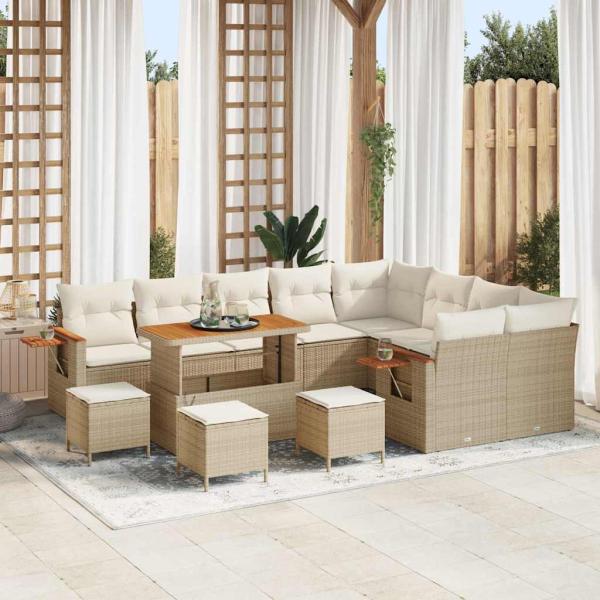 ARDEBO.de - 13-teiliges Garten Sofa Set mit Kissen Beige Poly Rattan Akazie, 4-teiliges Garten Esszimmer Set mit Kissen Beige Poly Rattan Akazie