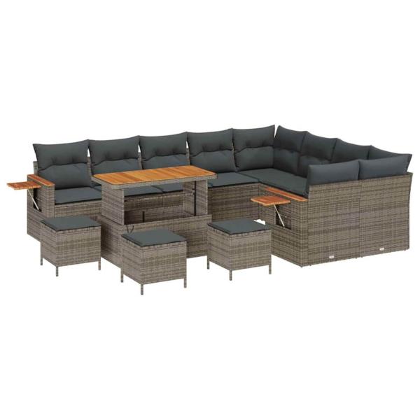 13-teiliges Garten-Sofa-Set mit Kissen Grau Poly Rattan, 4-teiliges Garten-Ess-Set mit Kissen Grau Poly Rattan