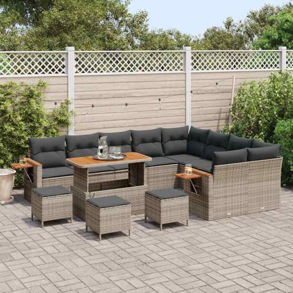 13-teiliges Garten-Sofa-Set mit Kissen Grau Poly Rattan, 4-teiliges Garten-Ess-Set mit Kissen Grau Poly Rattan