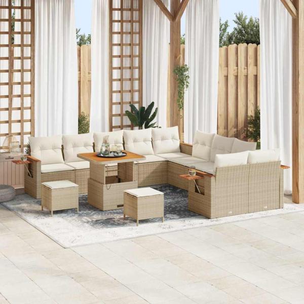 ARDEBO.de - 13-teiliges Garten Sofa Set mit Kissen Beige Poly Rattan Akazie, 3-teiliges Garten Ess-Set mit Kissen Beige Poly Rattan Akazie