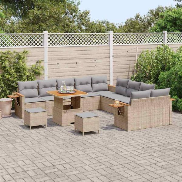 13-teiliges Garten Sofa Set mit Kissen Beige Poly Rattan Akazie, 3-teiliges Garten Essset mit Kissen Beige Poly Rattan Akazie