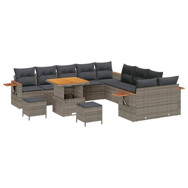 ARDEBO.de - 13-teiliges Garten Sofa Set mit Kissen Grau Poly Rattan Akazie, 3-teiliges Garten Essset mit Kissen Grau Poly Rattan Akazie