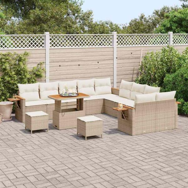 13-teiliges Garten-Sofa-Set mit Kissen Beige Poly-Rattan Akazie, 3-teiliges Garten-Ess-Set mit Kissen Beige Poly-Rattan Akazie