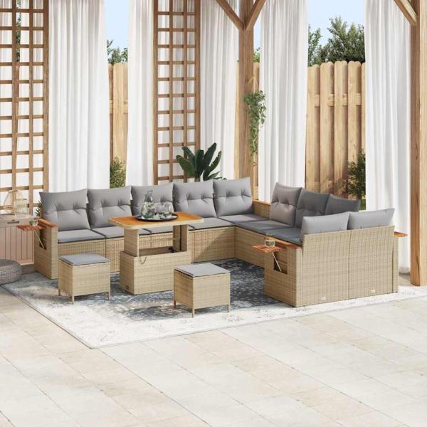 ARDEBO.de - 13-teiliges Garten-Sofaset mit Kissen Beige Poly-Rattan Akazie, 3-teiliges Garten-Esszimmer-Set mit Kissen Beige Poly-Rattan Akazie