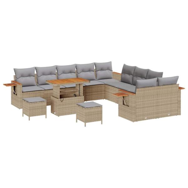 13-teiliges Garten-Sofaset mit Kissen Beige Poly-Rattan Akazie, 3-teiliges Garten-Esszimmer-Set mit Kissen Beige Poly-Rattan Akazie