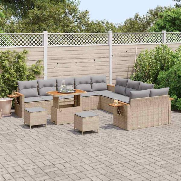 13-teiliges Garten-Sofaset mit Kissen Beige Poly-Rattan Akazie, 3-teiliges Garten-Esszimmer-Set mit Kissen Beige Poly-Rattan Akazie