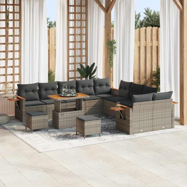 ARDEBO.de - 13-teiliges Garten Sofa Set mit Kissen Grau Poly Rattan Akazie, 3-teiliges Garten Esstisch Set mit Kissen Grau Poly Rattan Akazie