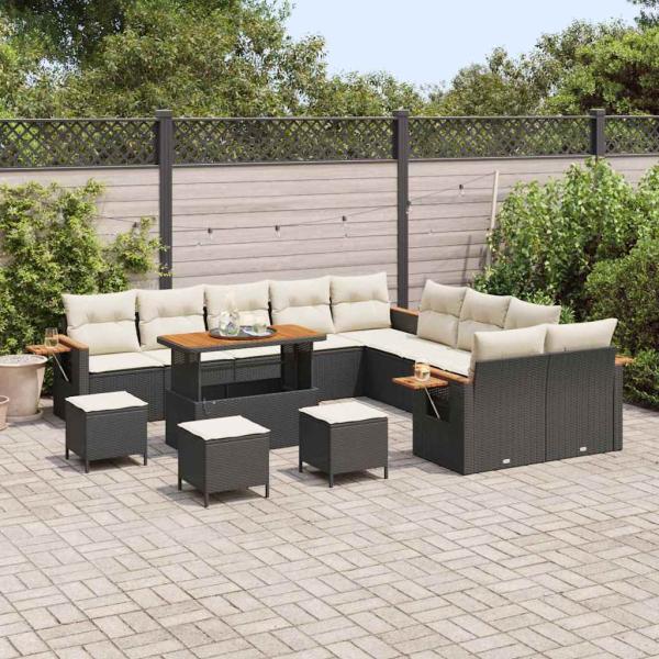 14-teiliges Garten-Sofa-Set mit Kissen in Schwarz Poly-Rattan Akazie, 4-teiliges Garten-Ess-Set mit Kissen in Schwarz Poly-Rattan Akazie