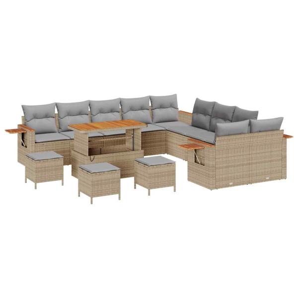 Garten-Sofa-Set mit 14 Teilen und Kissen Beige Poly Rattan Akazie, Garten-Dining-Set mit 4 Teilen und Kissen Beige Poly Rattan Akazie