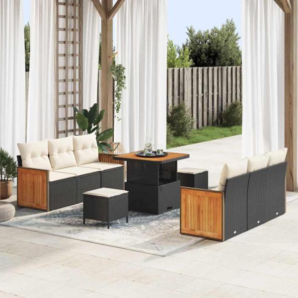 ARDEBO.de - 9-teiliges Garten-Sofa-Set mit Kissen Schwarz Poly-Rattan Akazie, 2-Sitzer Garten-Sofa mit Kissen Schwarz Poly-Rattan, 3-teiliges Garten-Ess-Set mit Kissen Schwarz Poly-Rattan Akazie