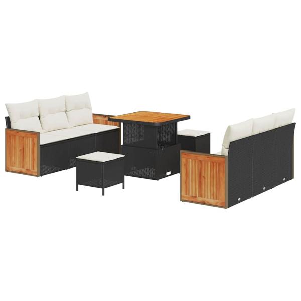 9-teiliges Garten-Sofa-Set mit Kissen Schwarz Poly-Rattan Akazie, 2-Sitzer Garten-Sofa mit Kissen Schwarz Poly-Rattan, 3-teiliges Garten-Ess-Set mit Kissen Schwarz Poly-Rattan Akazie