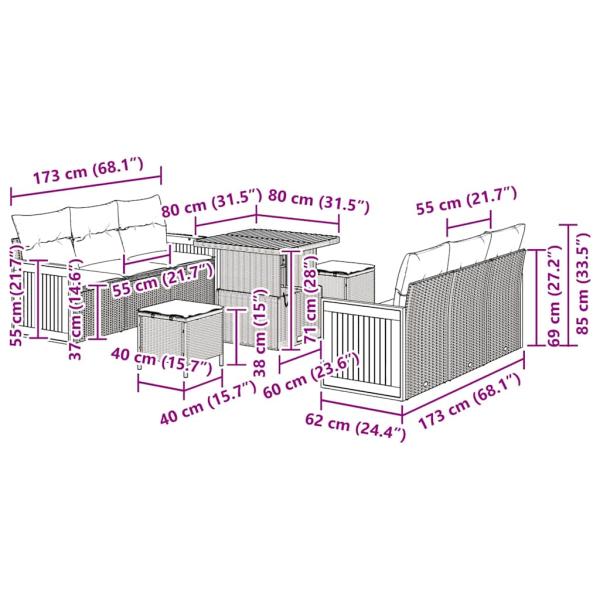 9-teiliges Garten Sofa Set mit Kissen Beige Poly Rattan Akazie, 2-Sitzer Garten Sofa mit Kissen Beige Poly Rattan, 3-teiliges Garten Esszimmer Set mit Kissen Beige Poly Rattan Akazie