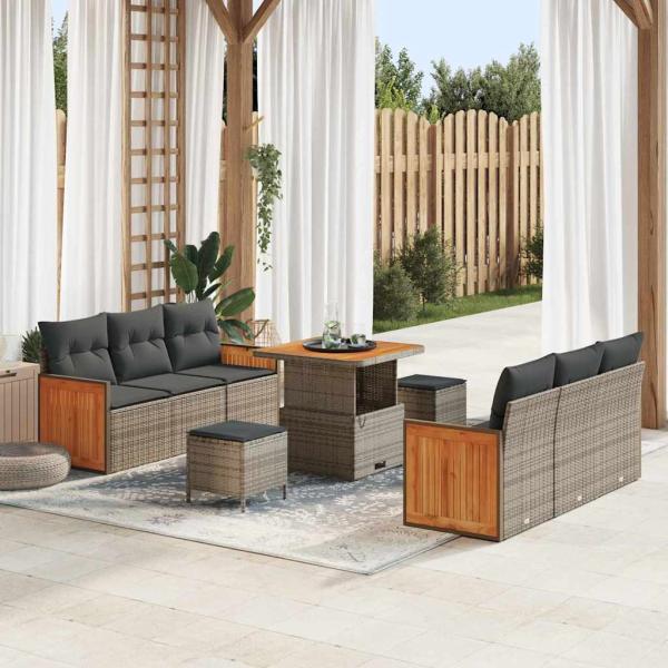 ARDEBO.de - 9-teiliges Garten Sofa Set mit Kissen Grau Poly Rattan Akazie, 2-Sitzer Garten Sofa mit Kissen Grau Poly Rattan, 3-teiliges Garten Esstisch Set mit Kissen Grau Poly Rattan Akazie