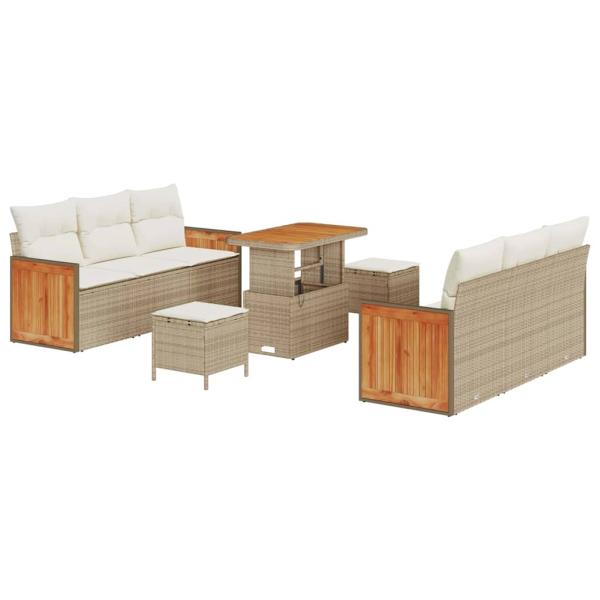 9-teiliges Garten Sofa Set mit Kissen Beige Poly Rattan Akazie, 2-Sitzer Garten Sofa mit Kissen Beige Poly Rattan, 3-teiliges Garten Esstisch Set mit Kissen Beige Poly Rattan Akazie