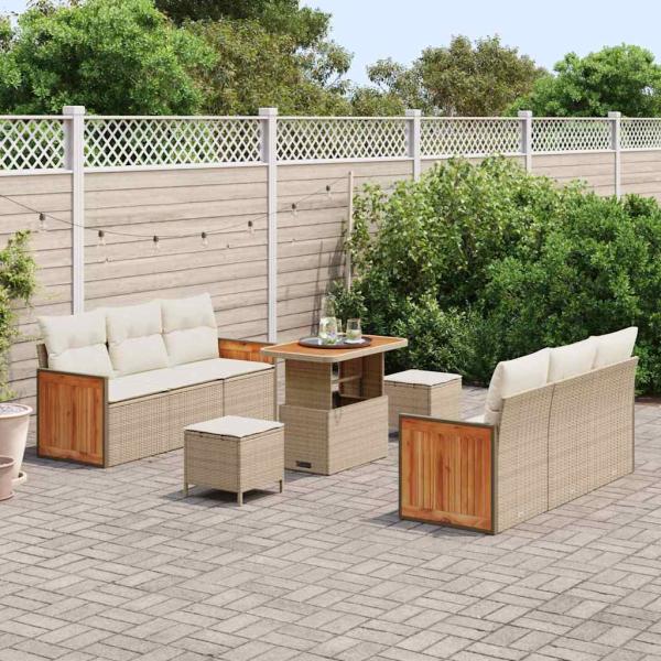 9-teiliges Garten Sofa Set mit Kissen Beige Poly Rattan Akazie, 2-Sitzer Garten Sofa mit Kissen Beige Poly Rattan, 3-teiliges Garten Esstisch Set mit Kissen Beige Poly Rattan Akazie