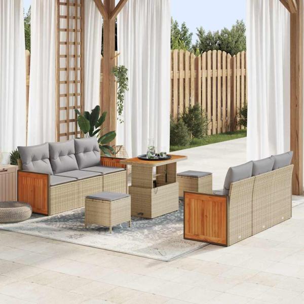 ARDEBO.de - 9-teiliges Garten Sofa Set mit Kissen aus beigem Poly Rattan und Akazie, 2-Sitzer Garten Sofa mit Kissen aus beigem Poly Rattan, 3-teiliges Garten Essset mit Kissen aus beigem Poly Rattan und Akazie