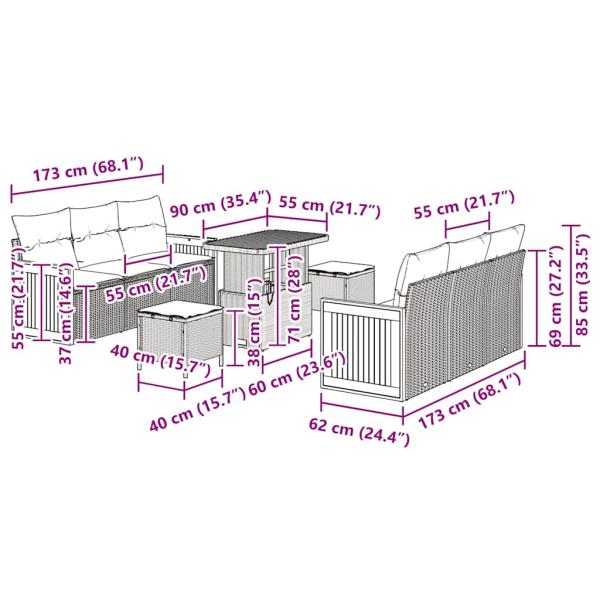 9-teiliges Garten-Sofaset mit Kissen Grau Poly-Rattan Akazie, 2-Sitzer Garten-Sofa mit Kissen Grau Poly-Rattan, 3-teiliges Garten-Ess-Set mit Kissen Grau Poly-Rattan Akazie