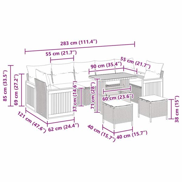 10-teiliges Garten-Sofa-Set mit Kissen Grau Poly-Rattan Akazie, 2-Sitzer Garten-Sofa mit Kissen Grau Poly-Rattan, 3-teiliges Garten-Esszimmer-Set mit Kissen Grau Poly-Rattan Akazie