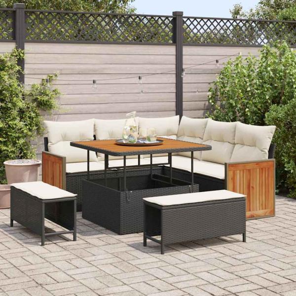 ARDEBO.de - 8-teiliges Garten Sofa Set mit Kissen Schwarz Poly Rattan Akazie, 2-Sitzer Garten Sofa mit Kissen Schwarz Poly Rattan, 3-teiliges Garten Esstisch Set mit Kissen Schwarz Poly Rattan Akazie