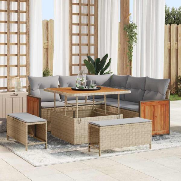 ARDEBO.de - 8-teiliges Garten Sofa Set mit Kissen Beige Poly Rattan Akazie, 2-Sitzer Garten Sofa mit Kissen Beige Poly Rattan, 3-teiliges Garten Essset mit Kissen Beige Poly Rattan Akazie