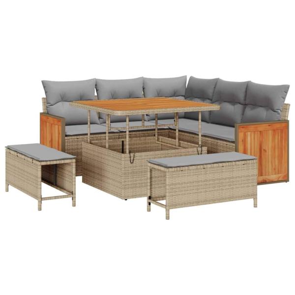 8-teiliges Garten Sofa Set mit Kissen Beige Poly Rattan Akazie, 2-Sitzer Garten Sofa mit Kissen Beige Poly Rattan, 3-teiliges Garten Essset mit Kissen Beige Poly Rattan Akazie