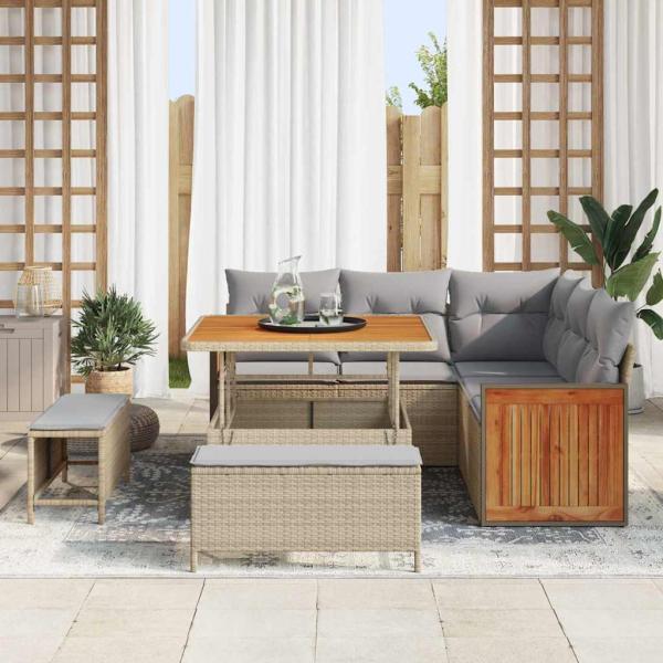 8-teiliges Garten Sofa Set mit Kissen Beige Poly Rattan Akazie, 2-Sitzer Garten Sofa mit Kissen Beige Poly Rattan, 3-teiliges Garten Essset mit Kissen Beige Poly Rattan Akazie