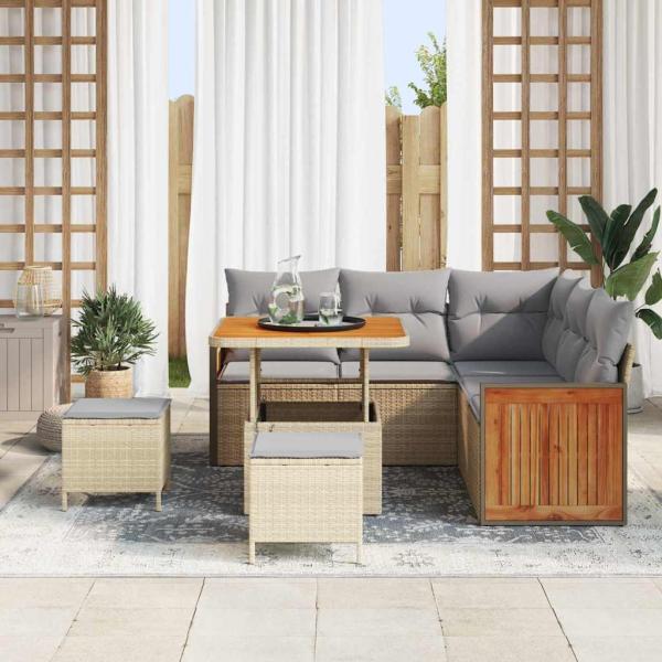 ARDEBO.de - 8-teiliges Garten-Sofa-Set mit Kissen Beiger Poly-Rattan Akazie, 2-Sitzer Garten-Sofa mit Kissen Beiger Poly-Rattan, 3-teiliges Garten-Dining-Set mit Kissen Beiger Poly-Rattan Akazie