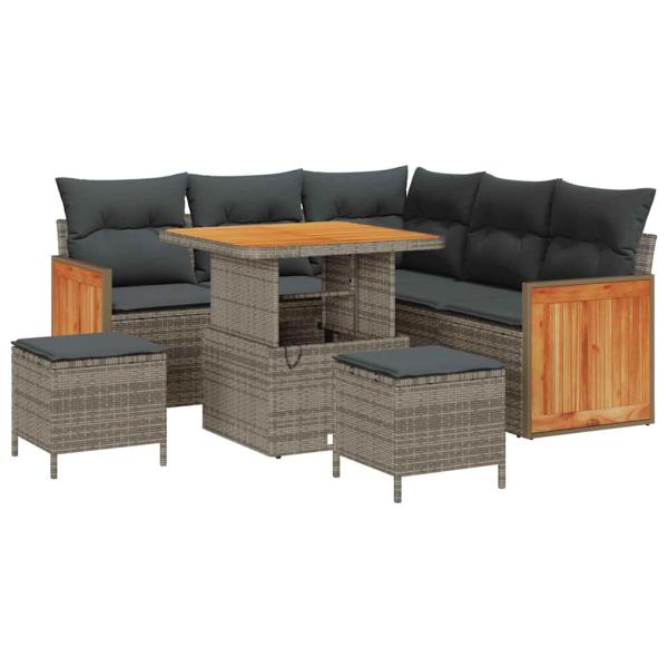 8-teiliges Garten Sofa Set mit Kissen Grau Poly-Rattan Akazie, 2-Sitzer Garten Sofa mit Kissen Grau Poly-Rattan, 3-teiliges Garten Esstisch Set mit Kissen Grau Poly-Rattan Akazie